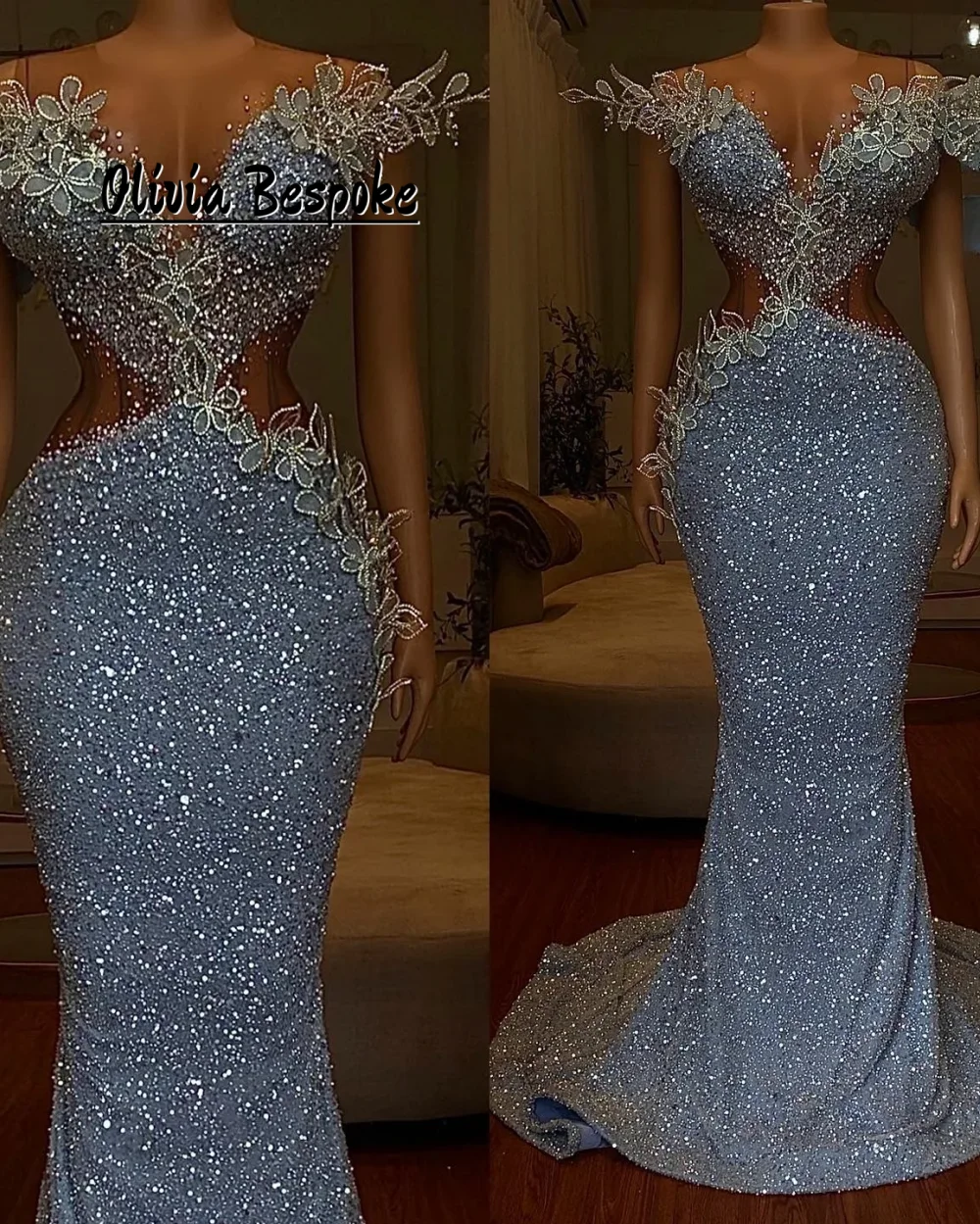 

Luxury Shinny Blue Off The Shoulder Evening Dress Mermaid Aso Ebi African Beaded Party Gown Luxury Dress Woman 2025 Customized