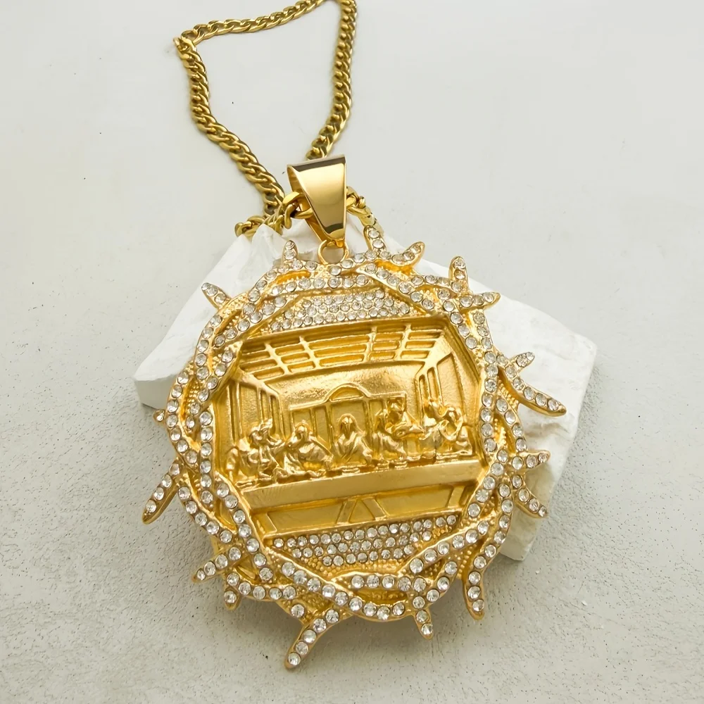 The Last Supper Medallion Pendant Necklace Sun‑Shaped Spike Frame Full Crystal Inlaid 316L Stainless Steel Gold Color Hip‑Hop