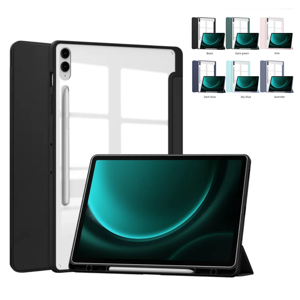 Case with Auto Wake Function for Samsung Galaxy Tab S9FE Plus 12.4 SM-X610/X616 Built-In Pen Holder Transparent Back Cover