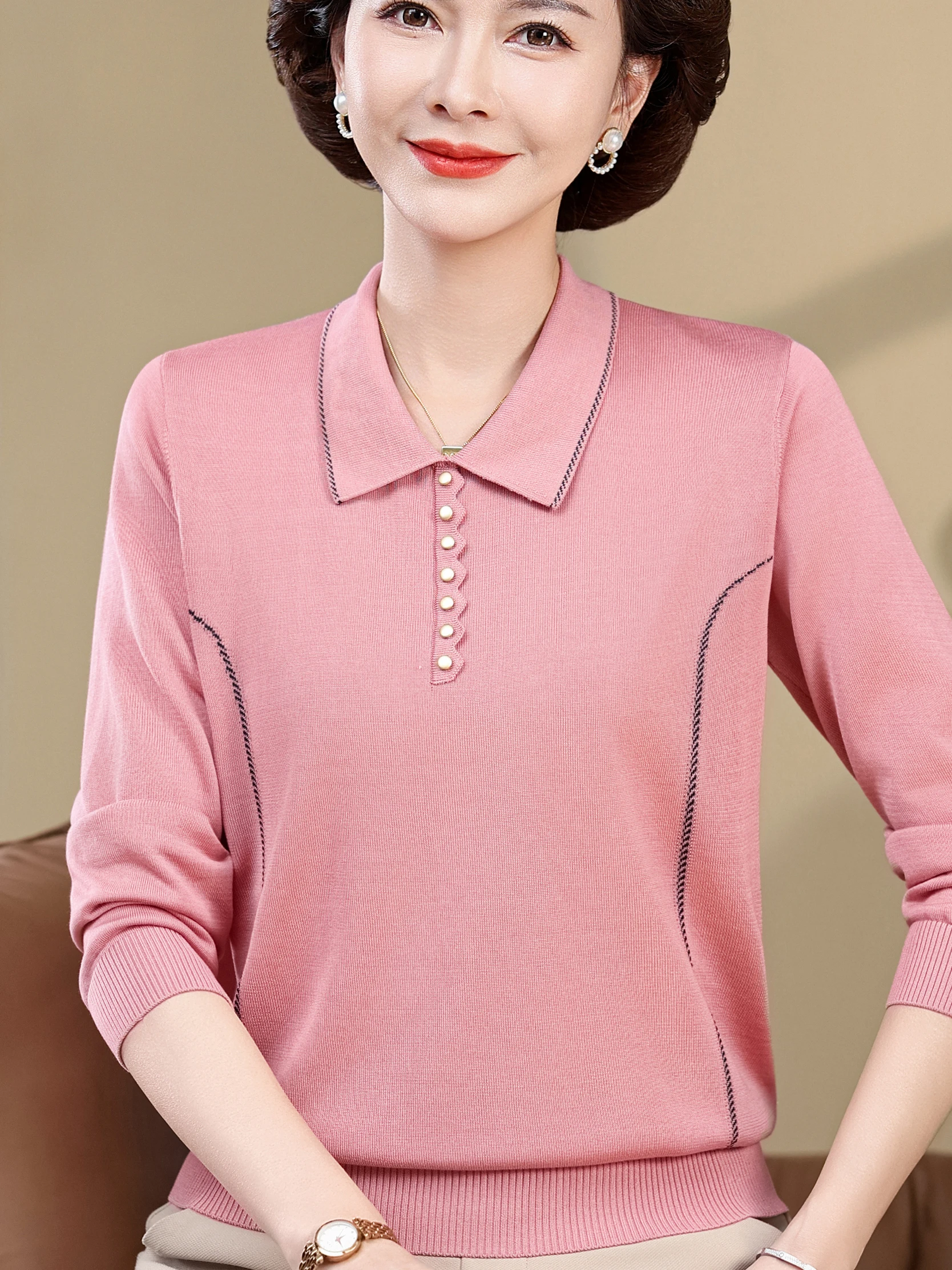 

Футболка с кружевным воротником, женская трикотажная одежда, дышащий свободный крой Faion ape Body pe, весенне-осенний тонкий свитер для мамы