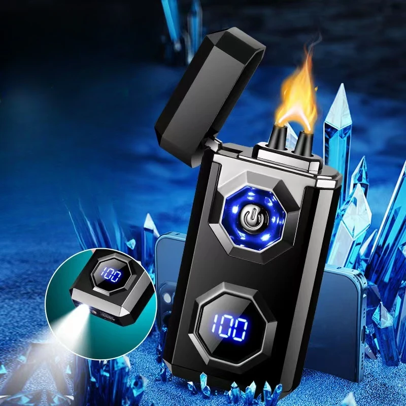 Metal High Power Windproof Arc Charging USB Lighter Outdoor Strong Light Large Capacity Battery Level Display Electric Lighter