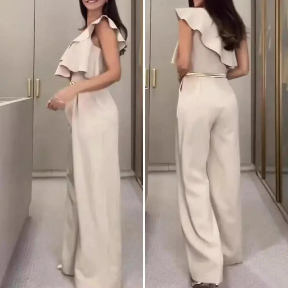 Women Jumpsuit Elegant One Shoulder Ruffle Jumpsuit for Women Formal Stylish Wide Leg High Waist Solid Color Chic