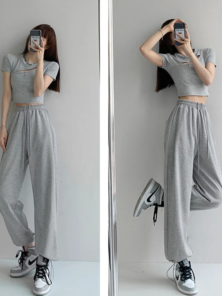 Korean White Blue Pants Women High Waist Loose Drawstring Harem Pants Casual Comfortable Female Sports Street Pants S-XL