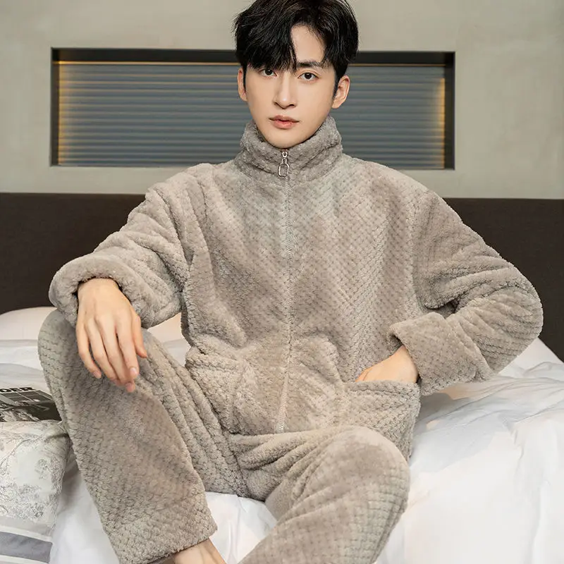 Zipper Pajamas for Men Fleece Winter Sleepwear Korean Sleeping Night Wear Solid Pijama 2 Pcs Pants Sets Warm Home Suit 2024 New