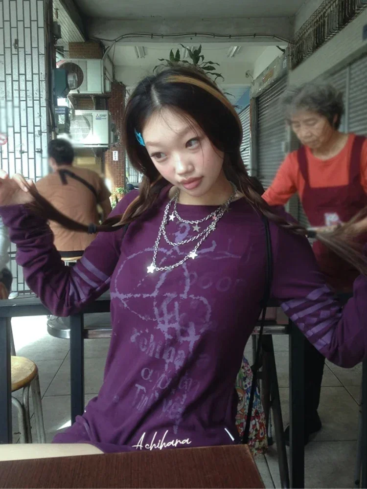 American Vintage Long Sleeve Women Y2k Letter Print T-shirt Street Wear StyleT- Shirt Harajuku Purple Tops Retro Punk Spring