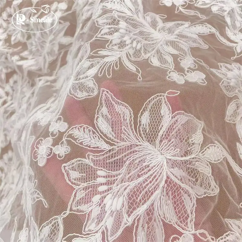 New Border Embroidered Lace Fabric Big Flowers, Leaves, Wedding Dress, Bridal Veil DIY Sewing Embroidery Fabric RS250871