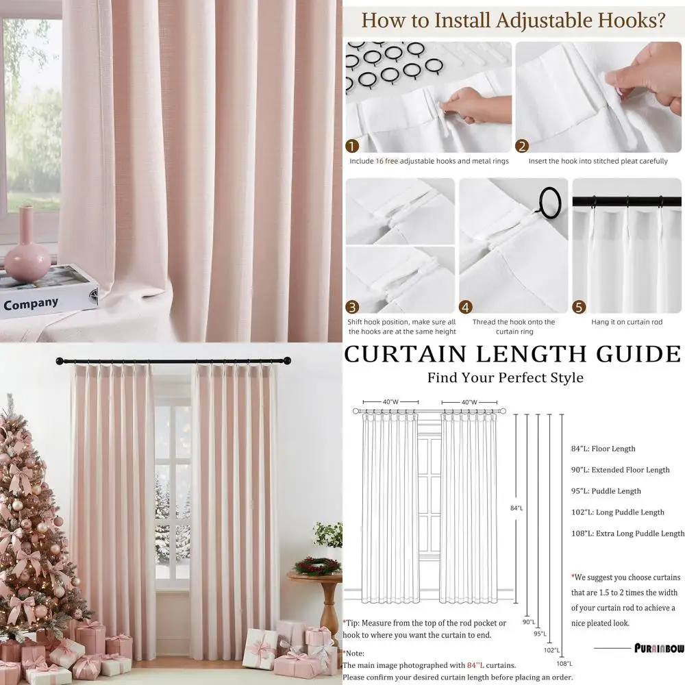 

90 розовых полупрозрачных льняных фактурных штор для рождественской гостиной и спальни для девочек, фильтрация света, комплект из 2 панелей