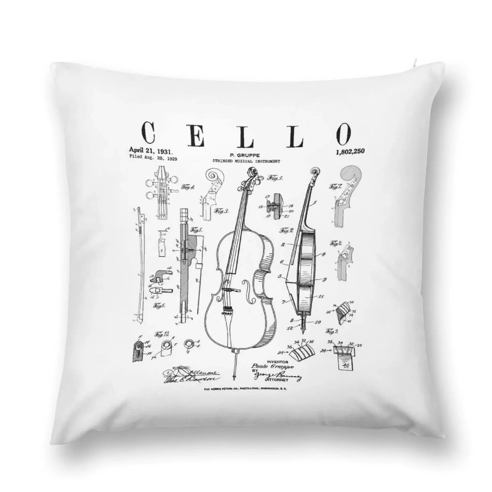 Cello Vintage Patent Cellist Drawing Print Throw Pillow sleeping pillows Pillow Cases pillow