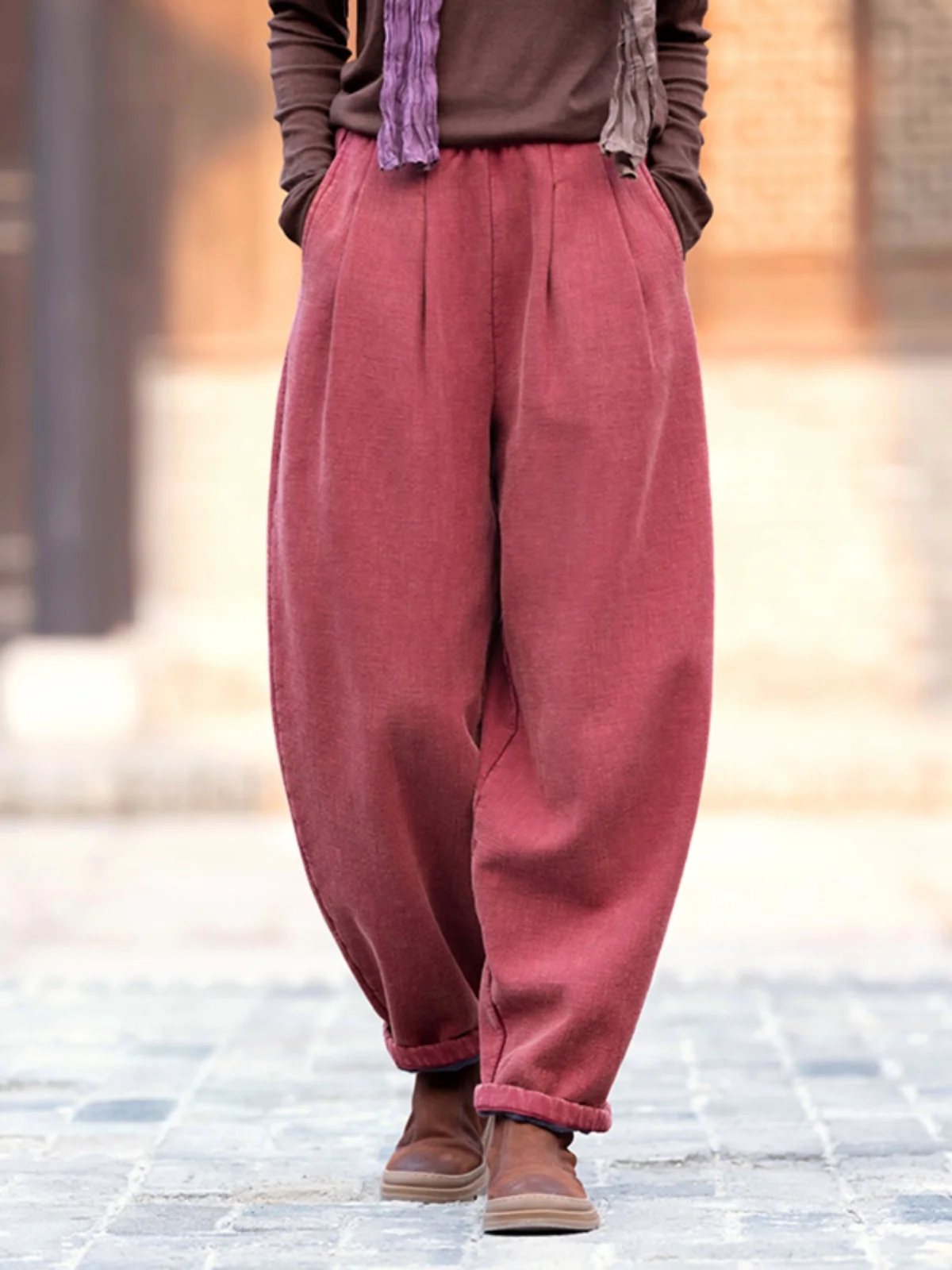 Warm Cotton Trousers Women's Autumn Winter Outerwear Fleece Lined Thickened Linen High Waist Lantern Pants plus Size Loose La...