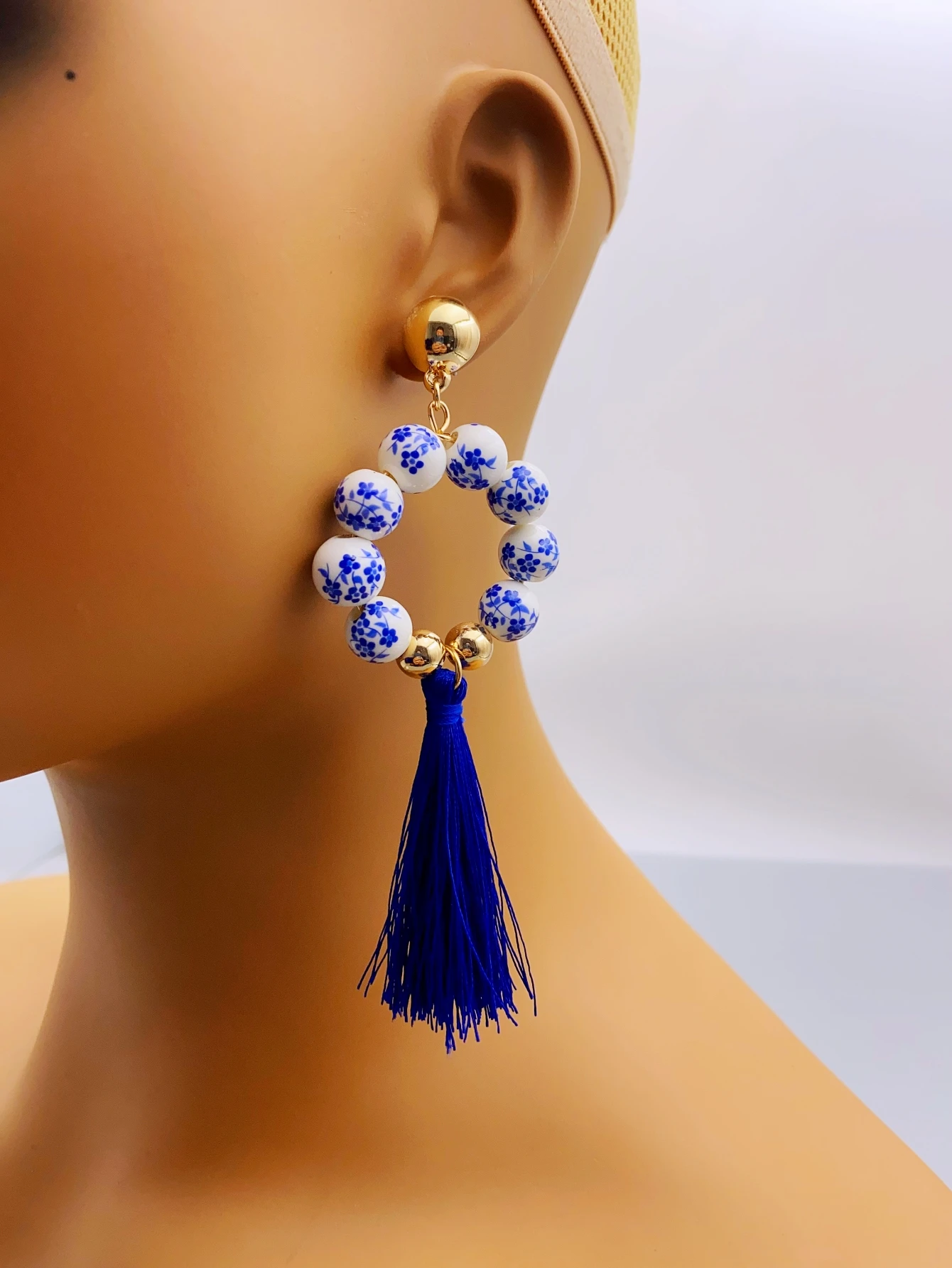 Handmade Ceramic Earrings with Ethnic Fringe and Beads earrings for women