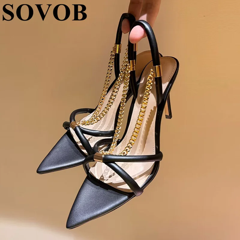 

Genuine Leather Thin Band High Heels Sandals Women's Metal Chain Decor Thin Heel Sandalias Summer Sexy Party Banquet Shoes