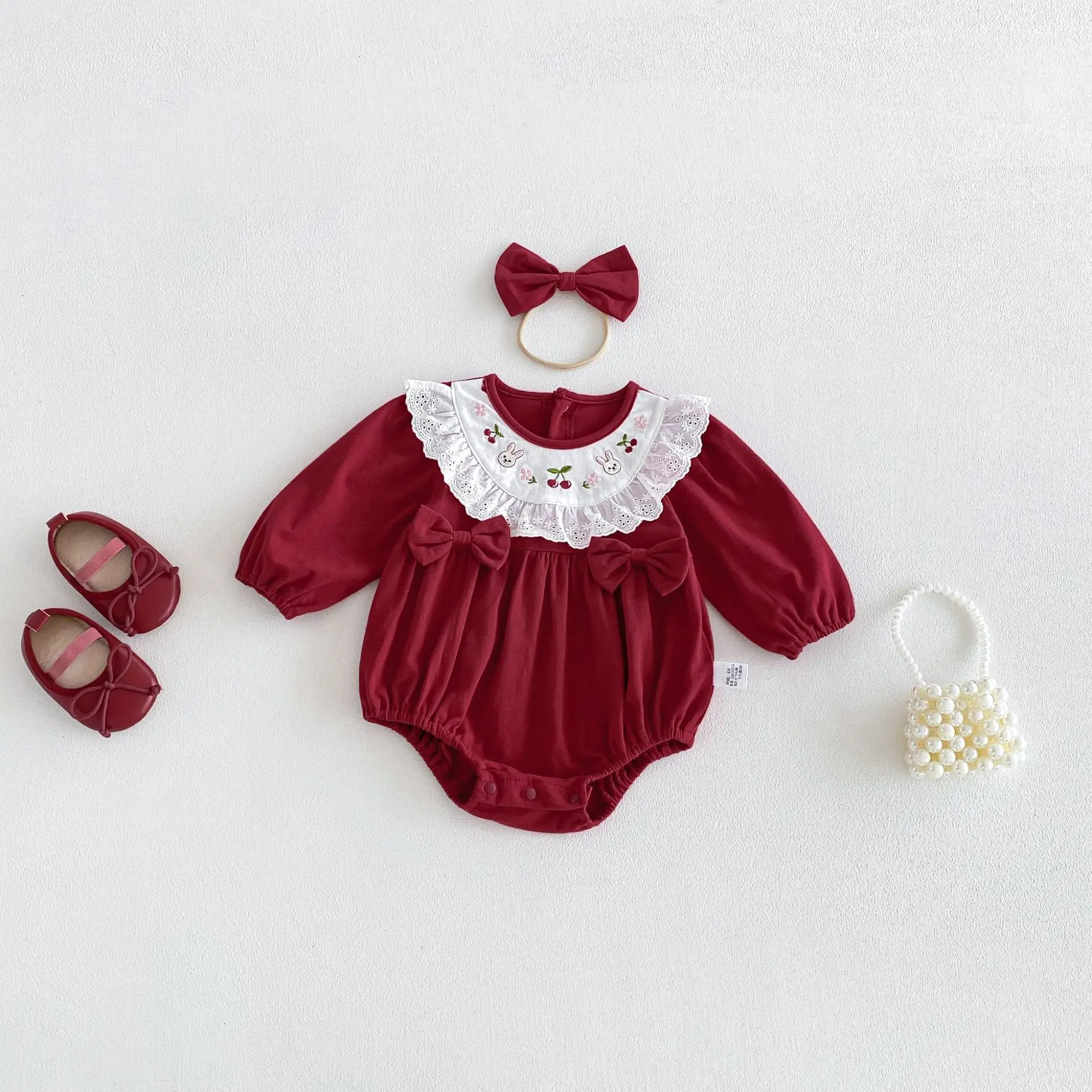 Autumn Baby Bodysuits And One-pieces Long Sleeve Baby Clothing Lace Embroidered Collar Bodysuit For Newborns 0-24M with Headband