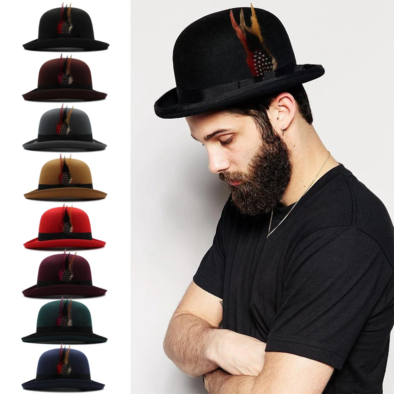 Mężczyźni kobiety mieszanka wełny owalne Top melonik czapki wełniane Fedora czapki Trilby Feather Band Derby Sunhat regulowany UK M-L US 7 1/8-7 3/8