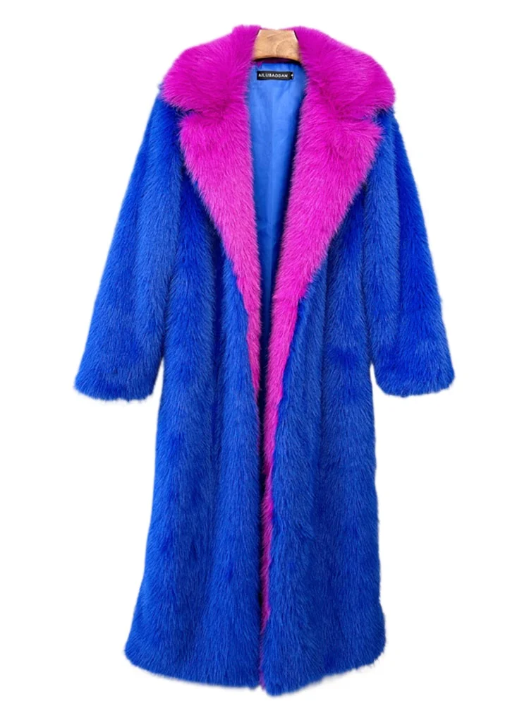 

Super Long Fluffy Faux Fox Fur Trench Coat Women Lapel Contrast Color Furry Jacket Winter Clothes Women 2024 Fur Coats