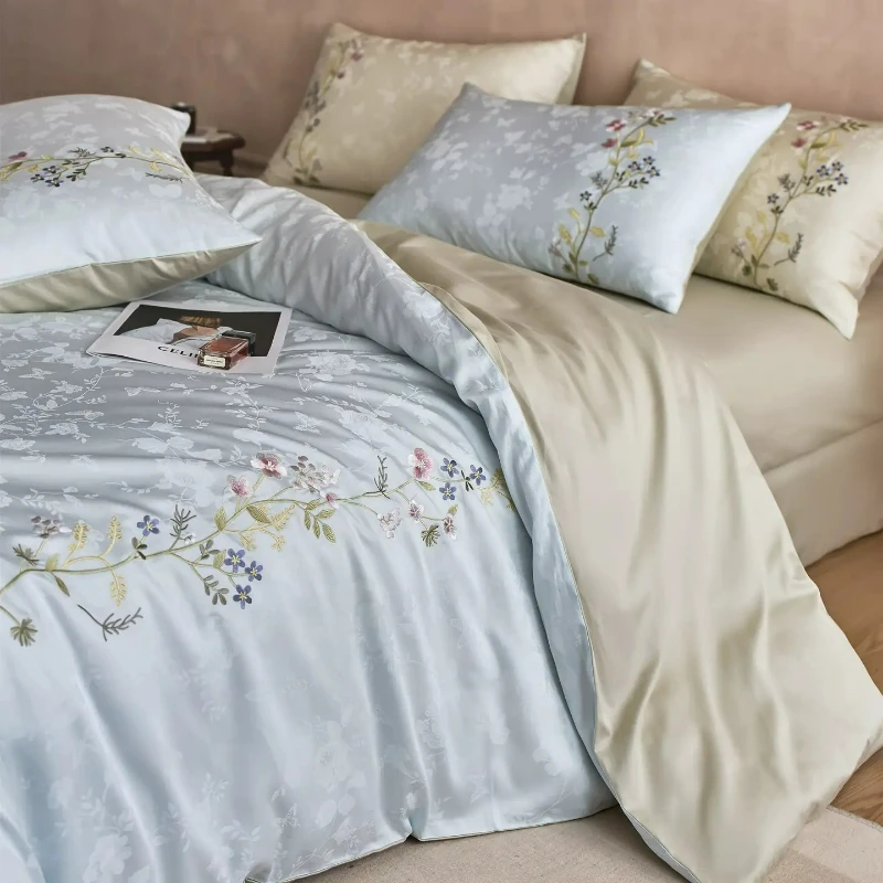 100S Cotton Satin Long Staple Cotton Embroidery Four Piece Set Class A Pure Cotton Bed Sheet and Duvet Cover 1.8m2.0m Bedding