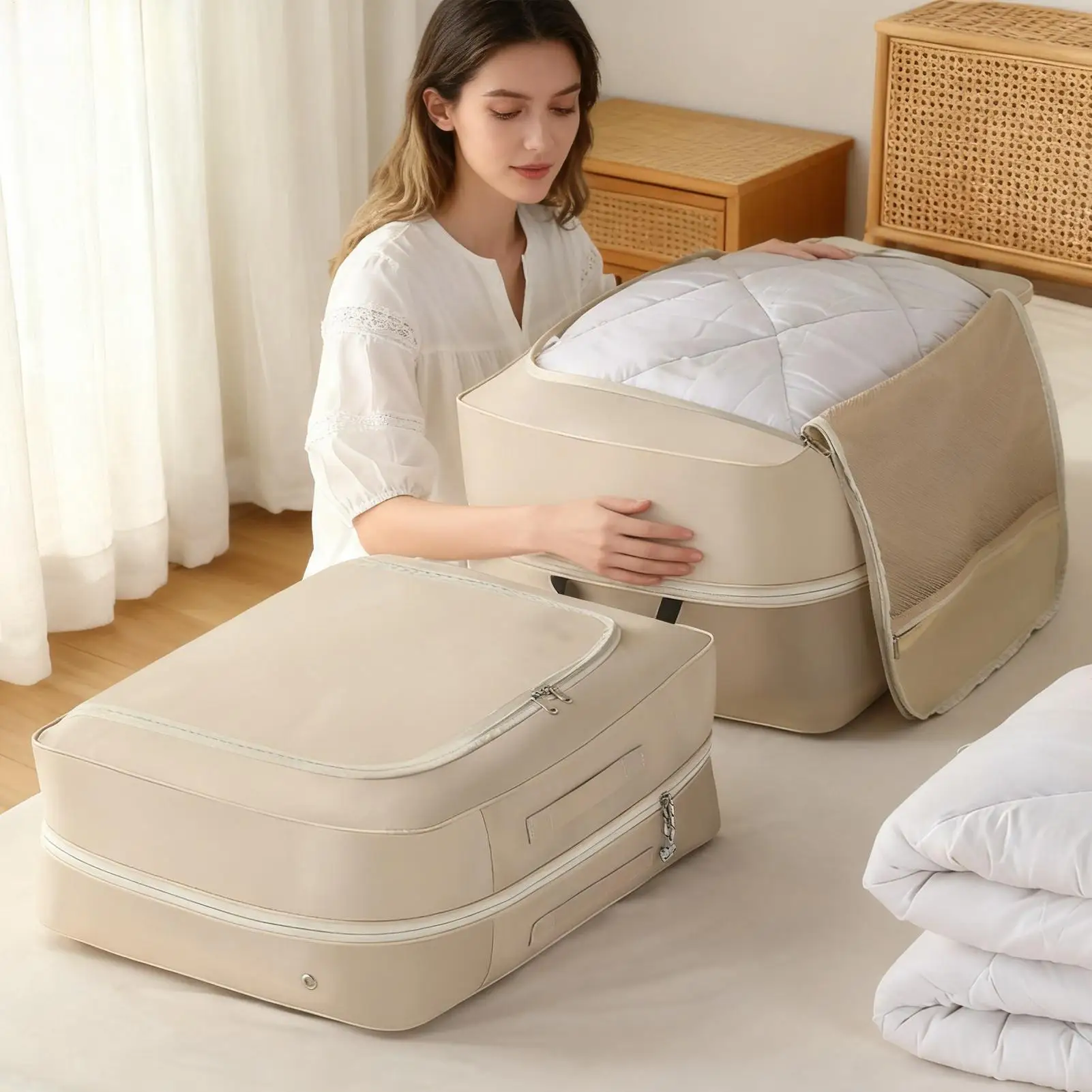 Heavy-Duty Self-Compressing Storage Bag Portable Organizer for Clothes Blankets & Quilts Ideal for Closet Organization