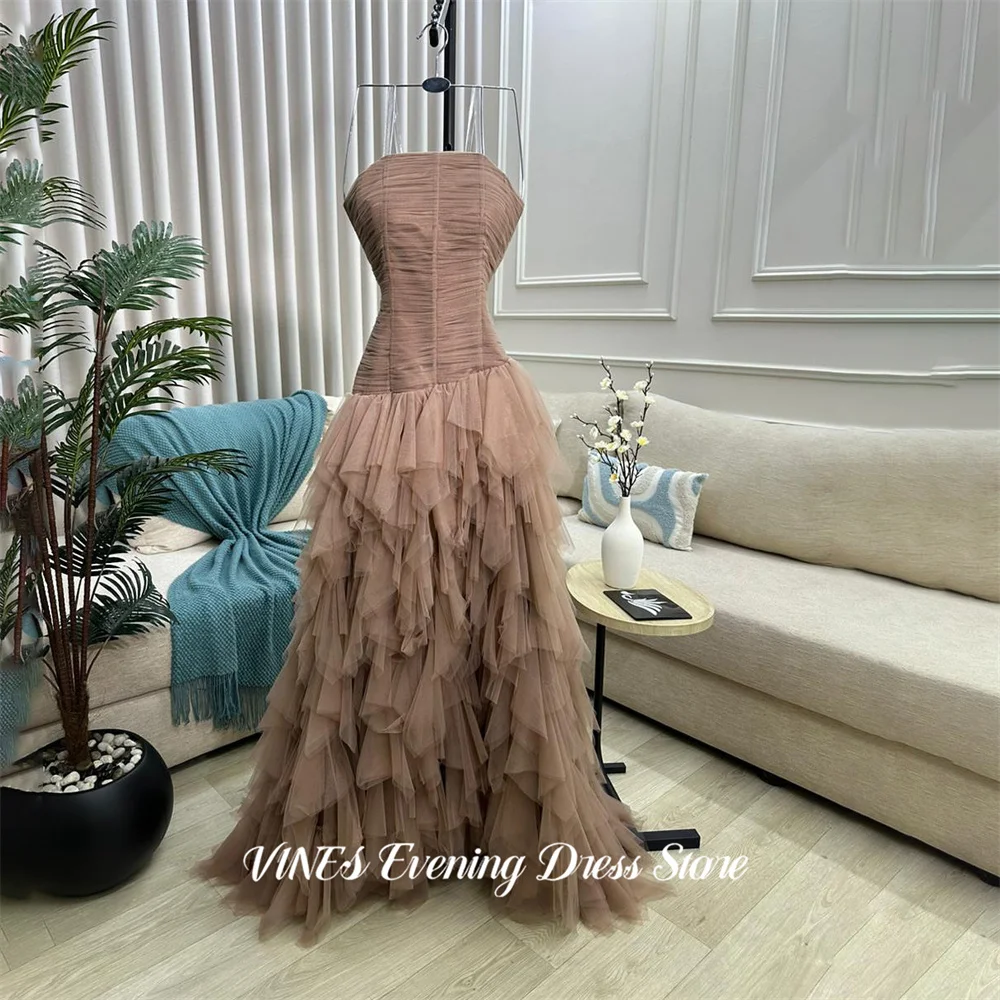 

VINES Mocha Brown Evening Dress with Tiered Tulle Party Dress Strapless Pleated vestidos de fiesta A Line Prom Gowns Customized