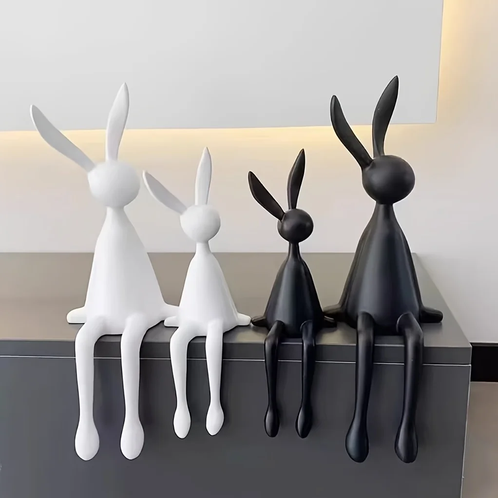 Figurita de conejo de dibujos animados, adorno de conejito de orejas largas sentado de resina, decoración para sala de estar, accesorios de conejo, 1 ud.