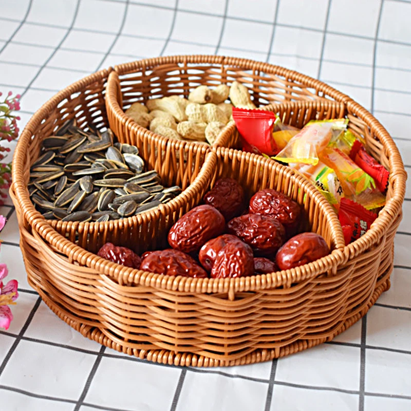 Imitation Rattan Woven Basket Snack Basket Reinforced Storage Basket Bread Basket Fruit Tray Round Three-cell Display Basket