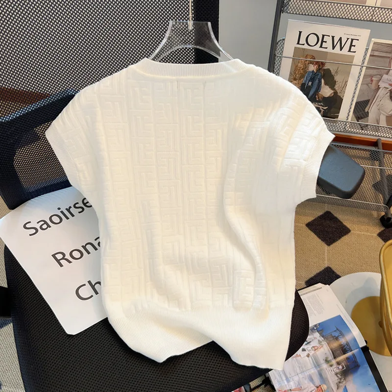 Thin Knitted Short Sleeve Women's Summer Design Sense Light Luxury French Chic Sleeveless Ice Silk T-Shirt Trendy