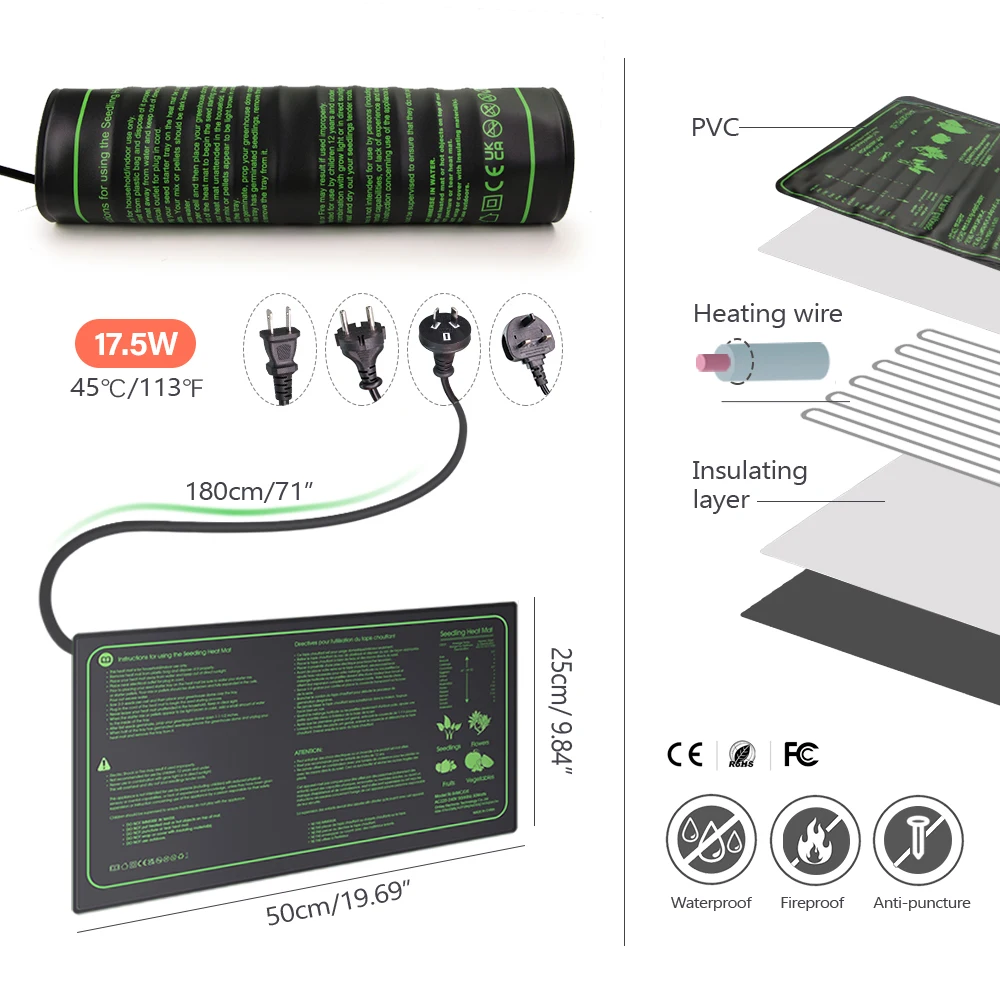 Seedling Germination Kit 17.5W Constant Temperature Heating Mat for Garden Greenhouse Seed Start Transparent Cover Nursery Trays