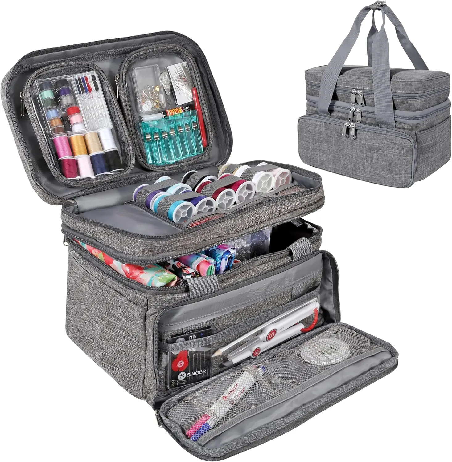 

Double Layer Portable Sewing Storage Bag with 18 Compartments and 2 Detachable Pouches, Large Craft Carry-all in Gray