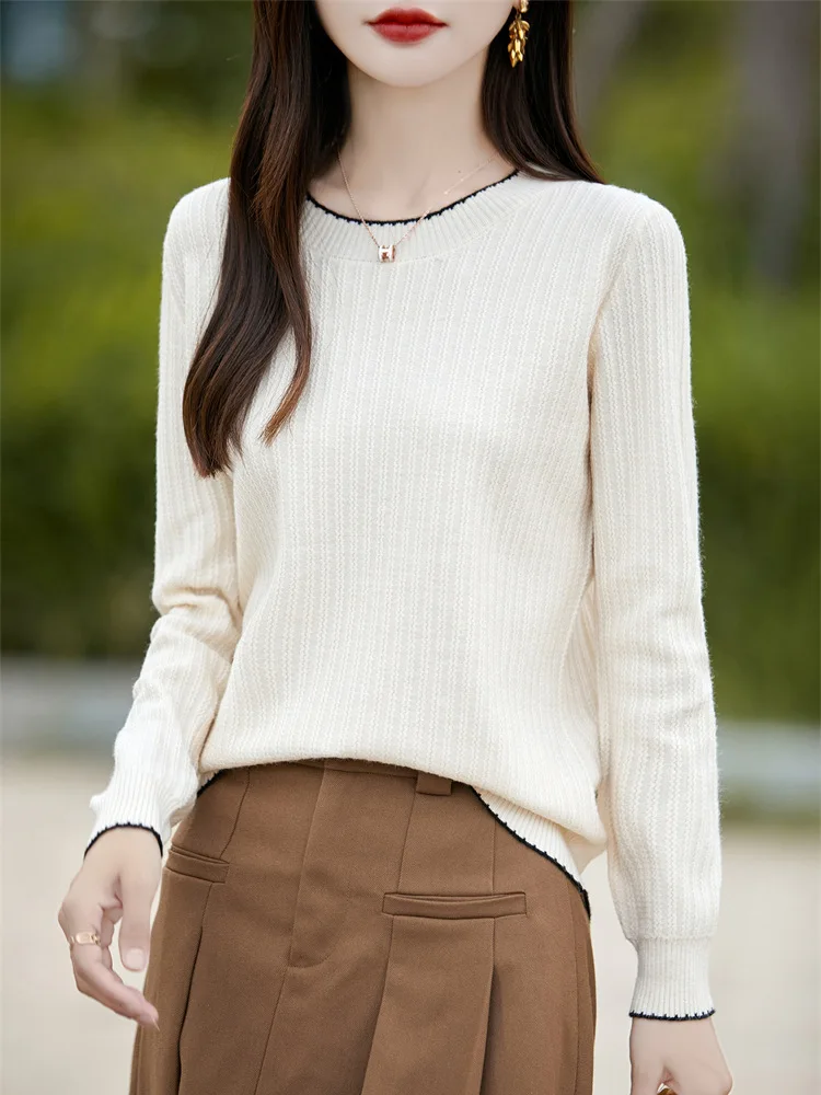 O-neck Rib Knit Sweater Contrast Trim Long Sleeve Pullover Elegant Solid Color Basic Bottoming Top Autumn Winter Casual Jumper
