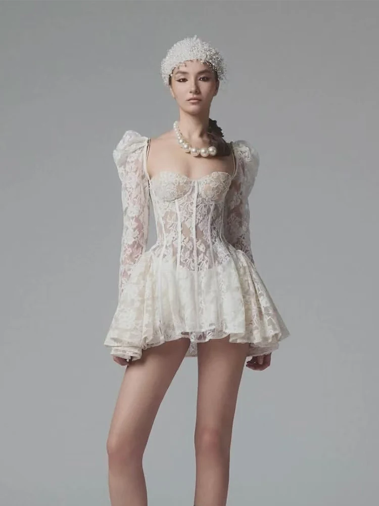 

Elegant Lace Embroidery Dress Women's Spring Autumn New Style Slimming Waist Design High Quality A-Line Skirt Long Sleeve Sho...