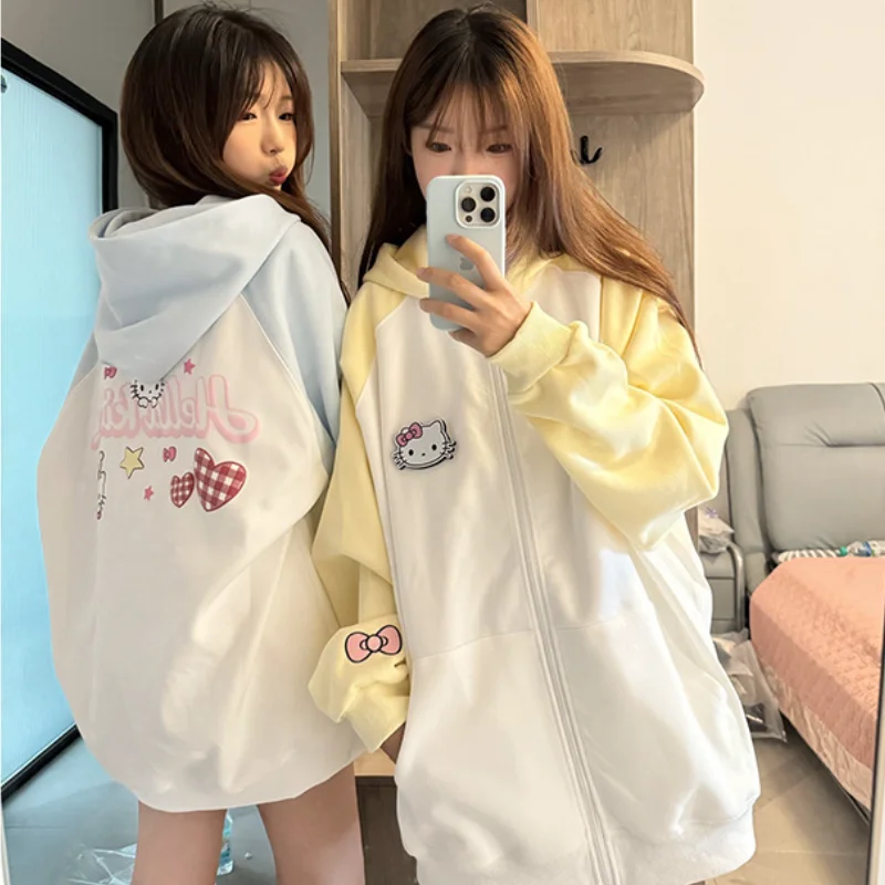 

Hot 2025 New Hello Kitty Cartoon Hoodie Sanrio Women American Spring and Autumn Fashion Couple Loose Design Sense Zipper Jacket