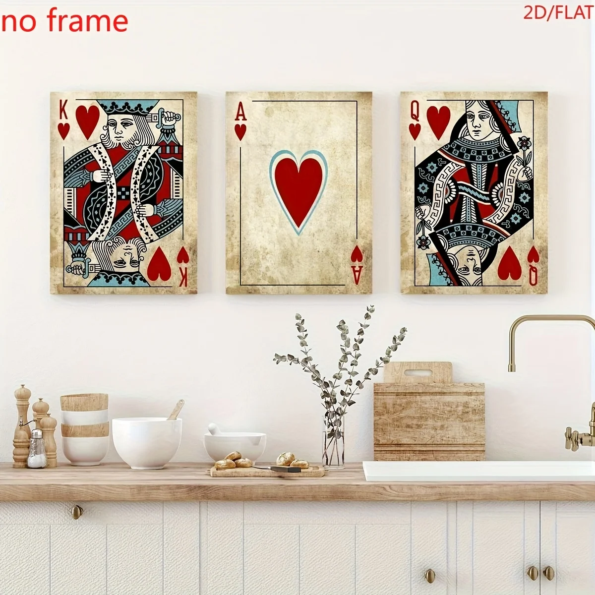 （Noframe 3PCS）-2D Flat, 3pcs Vintage Poker Canvas Art Prints - King, Ace, Queen of Hearts with Intricate Designs, Suitable fo