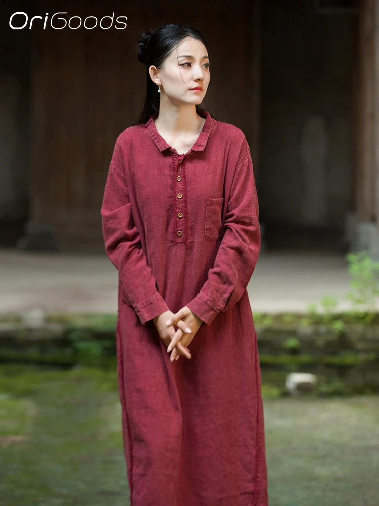 

OriGoods Осеннее платье с длинными рукавами, женское платье из бавовни Ramie, новинка 2025, длинное платье с длинными рукавами, китайская японская одежда в стиле дзен B341