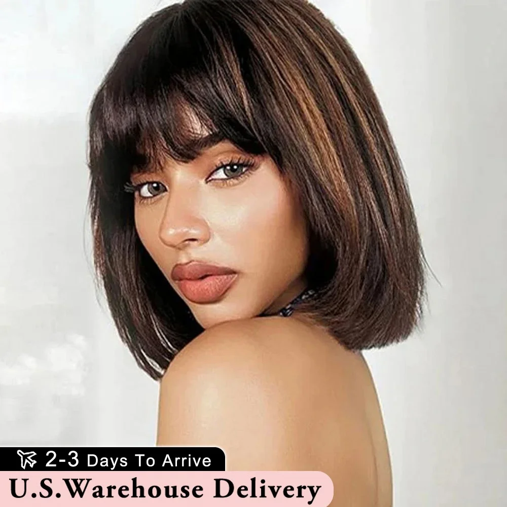 Peluca Bob resaltada de 1/30, cabello humano 2x1 HD, peluca Frontal de encaje, pelucas de cabello humano liso de 12 pulgadas, peluca de cabello humano marrón ombré para mujeres