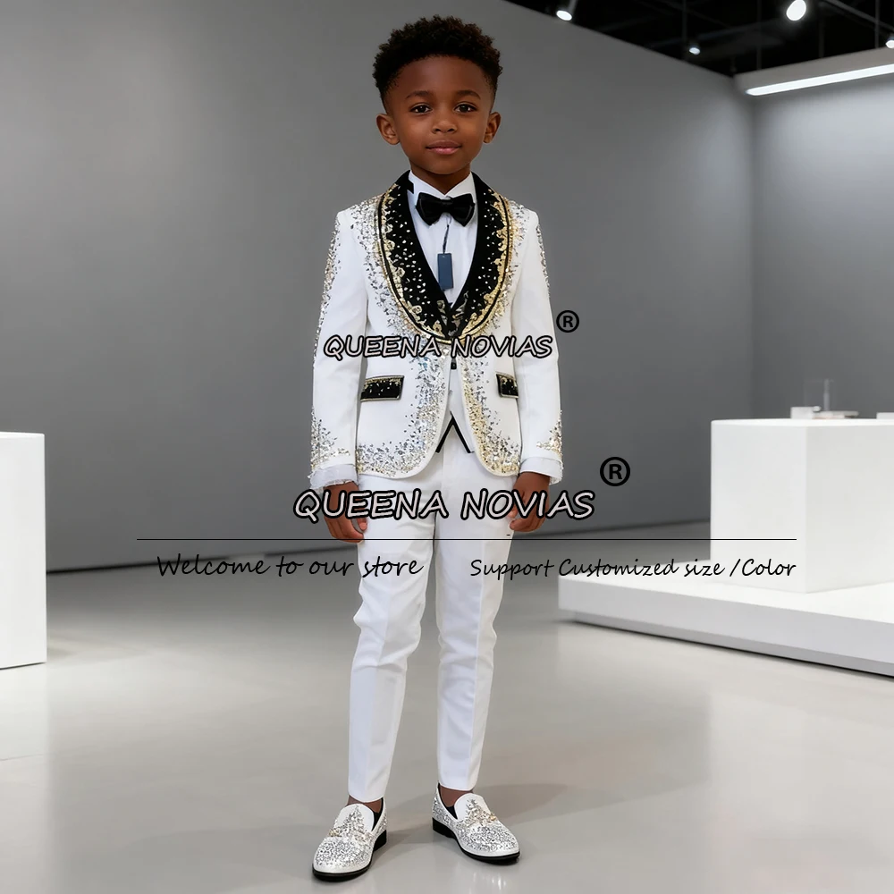 

Exclusice Crystals Beaded Boys Suits For Wedding Black Shawl Lapel Prom Blazers Children Party Tuxedos For Wedding kids Attire