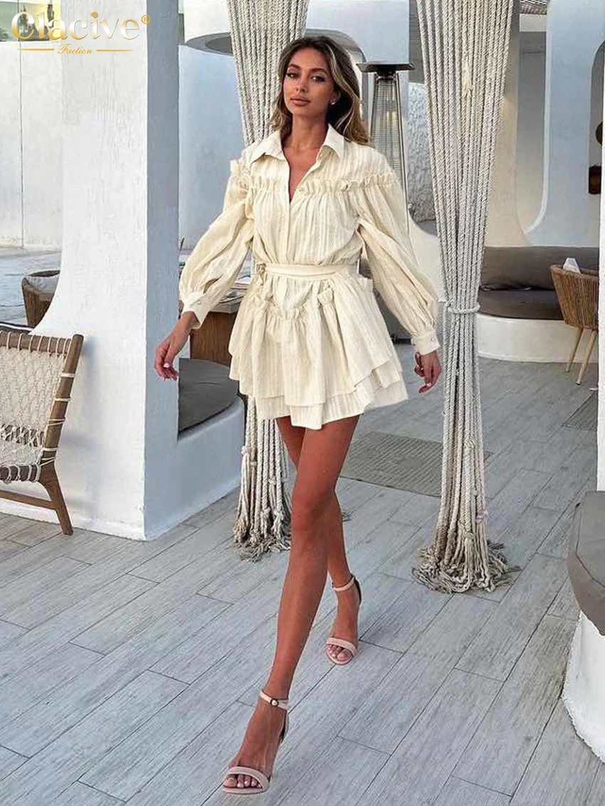 Clacive Fashion Loose Beige Cotton Women\'s Dress 2025 Casual Lapel Long Sleeve Mini Dresses Elegant Classic Lace-Up Female Dress