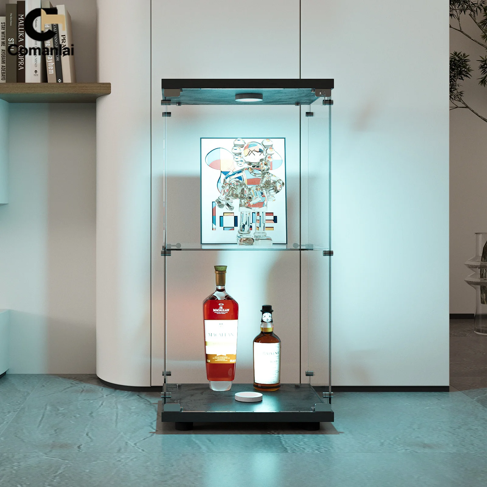 Comanlai présentoirs vitrine en verre à 2 couches avec lumières LED, avec porte et serrure, armoire de rangement en verre pour collection