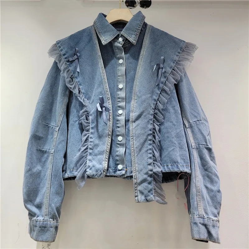 Spring Women Solid Color Mesh Spliced Ruffles Shawl Denim Jacket Lace Edges Jean Coat Casual 3D Bowtie Cowboy Cardigan Tops 2025