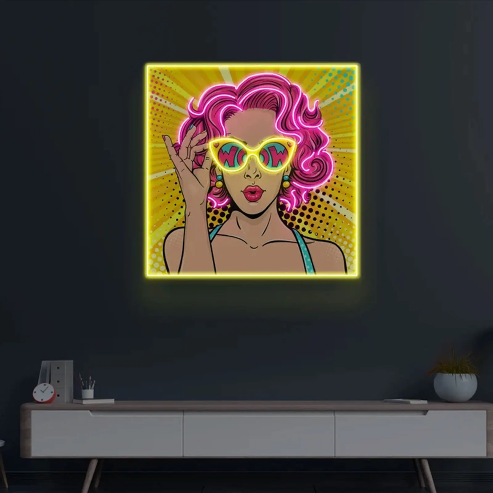 Wow Lady Art Neon Sign  Comic Wall Decor Woman Face LED Lights Unique Art Design Personalized Birthday Gift Bedroom Bar Beer