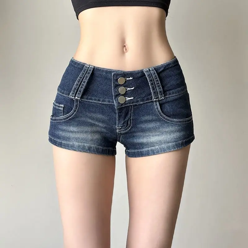 

2025 Summer Clubbing Denim Shorts for Women - Low Rise Button Fly Hip Huggers Vintage Rave Mini Pants Provocative Cut S-XL