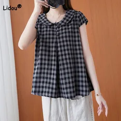 Women's Casual Plaid Printed Peter Pan Collar Tank Tops 2023 Summer Female Clothing Loose Fashion Spliced Sleeveless T-shirt