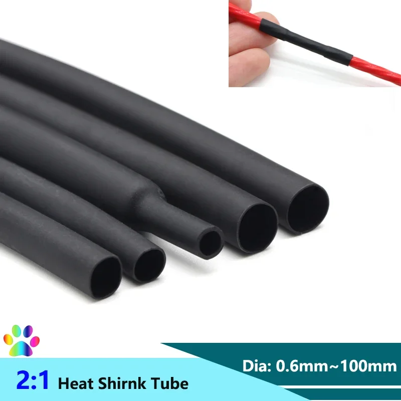 

1/3/5M Black 2:1 Heat Shrink Tube Dia. 0.6mm~100mm Wire Repair DIY Wire Protector Tubing Heat Shrinkable Sheath Wrap for Cables