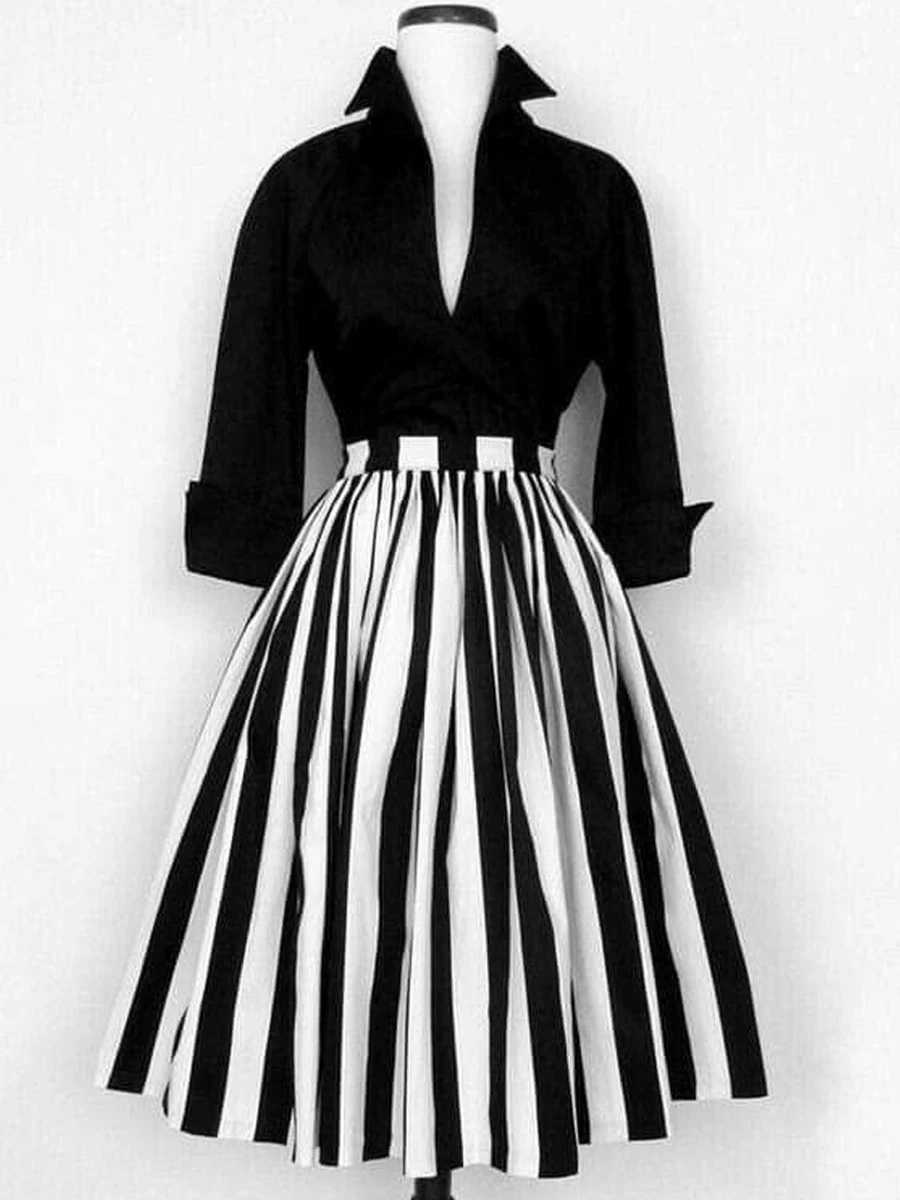 Women Vintage Swing Midi Dress Black White Striped Patchwork Turndown Collar Long Sleeve Elegant High Waist Shirts Dresses