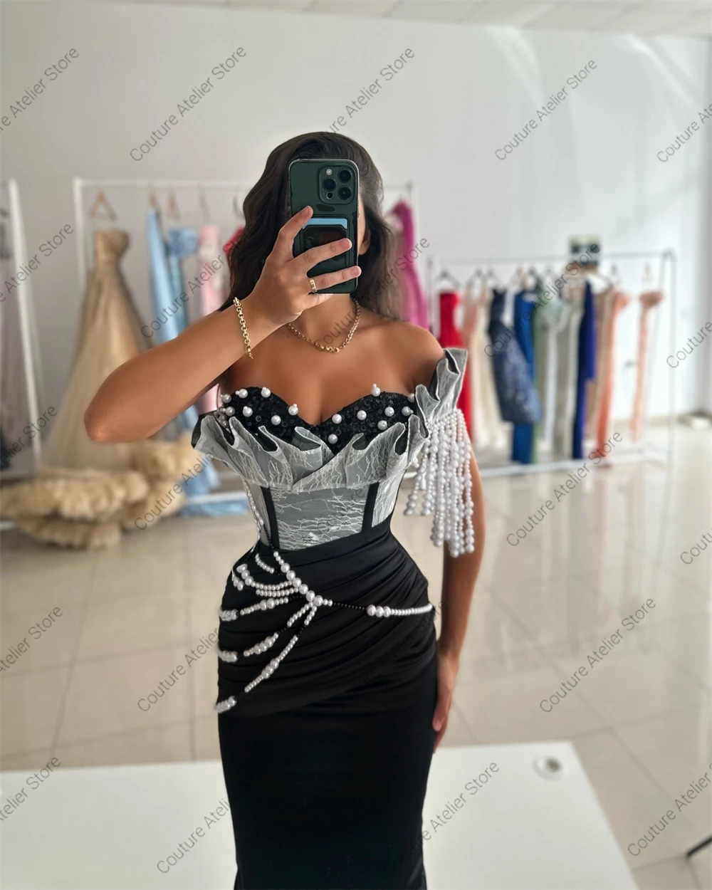 Middle East Black Ruffels Strapless Prom Dresses 2024 Luxury Gowns Beaded Pearls Formal Occasion Dress Midle East Birthday Gown