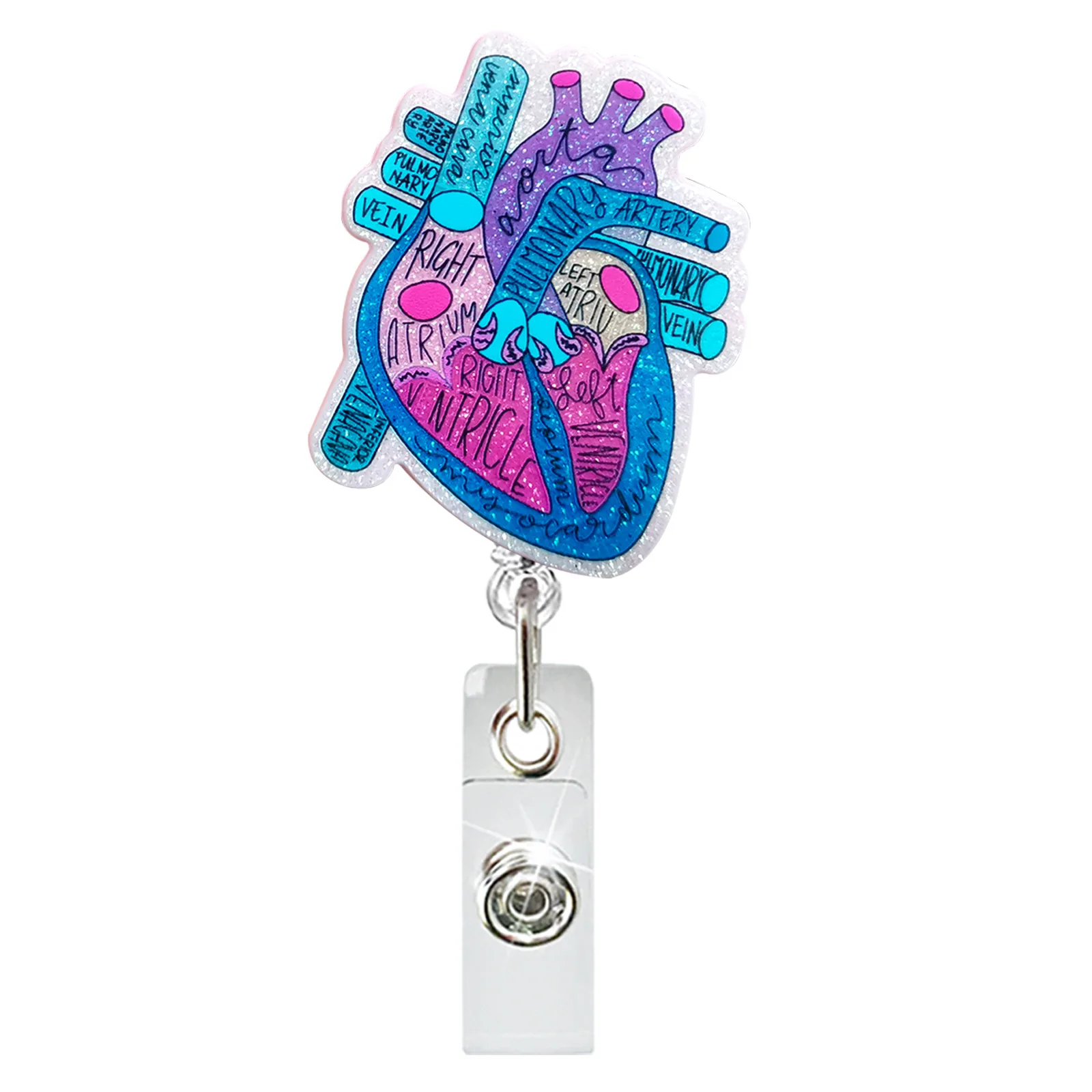 Creative Organ Heart Acrylic Glitter Badge Holder Heart Retractable Badge Reel Clip Nurse Doctor Student Medical Office Supplies
