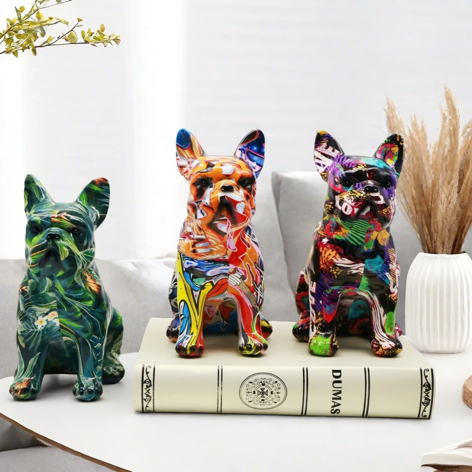 Colorful Graffiti French Bulldog Statue Resin Pet Dog Figurine Nordic Home Office Desktop Animal