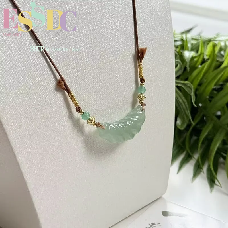 Natural Hetian jade twisted tube necklace, handmade woven leather cord sweater chain, traditional Chinese style jewelry