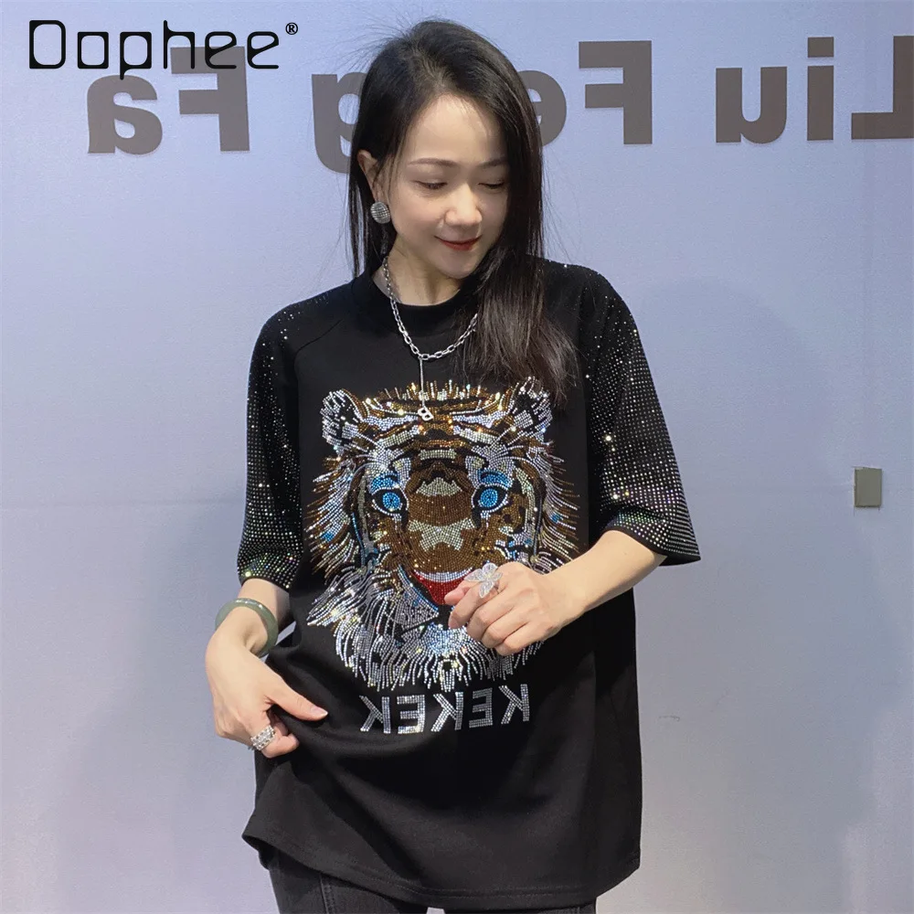 

High-End Women's Clothing Cuff Rhinestone Round Neck Short Sleeve T-Shirt for Women Summer Fashion Loose Oversized Top