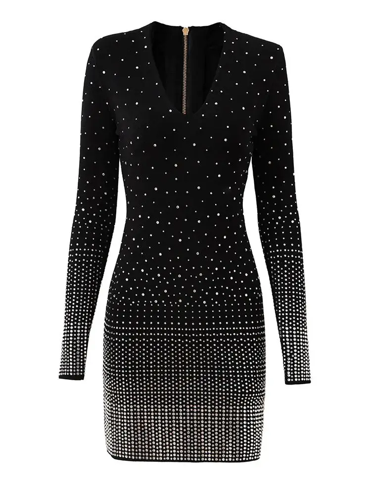 

Mcisoni Autumn Winter New Style Glittering Diamond Knitted Elastic Dress Mature Lady Trendy Hot Selling European American Style