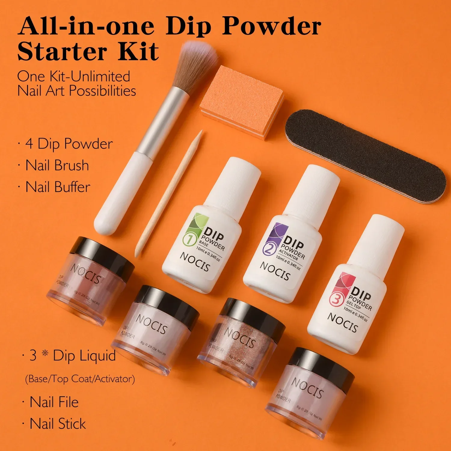 Icey Beauty-Dip Powder Nail Kit, Iniciante, 4 Cores, Marrom, Nu, Tons de Pele, Kit de Unhas de Mergulho Neutro, Base, Top Coat, 15ml, 11pcs