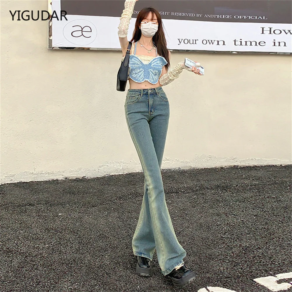 

Fashion Brand Elastic Jeans Women Button Washed Denim Pants Femme Pocket Trouser Boot Cut Straight Line Flare Jeans Muje