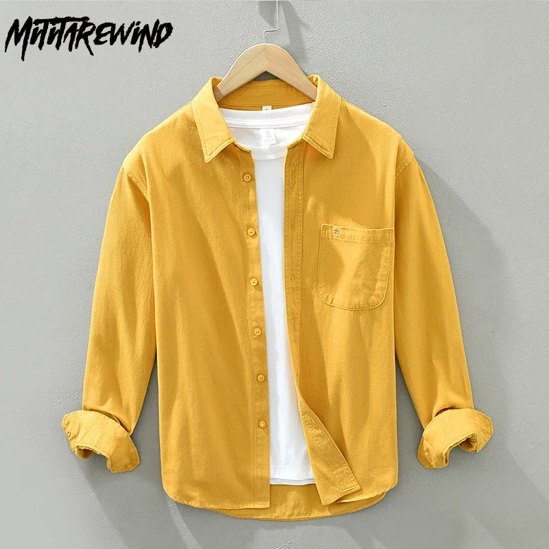 Japanese Fresh Shirt Men Spring Autumn Daily Casual Long Sleeve Shirts Pure Cotton Yellow Shirt Youth Fashion Mens Top Versatile